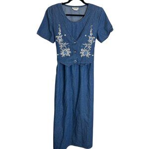 Vtg Embroidered Maxi Cotton Denim Dress Sz 12 Demure Modest Vest Tie Back Corral